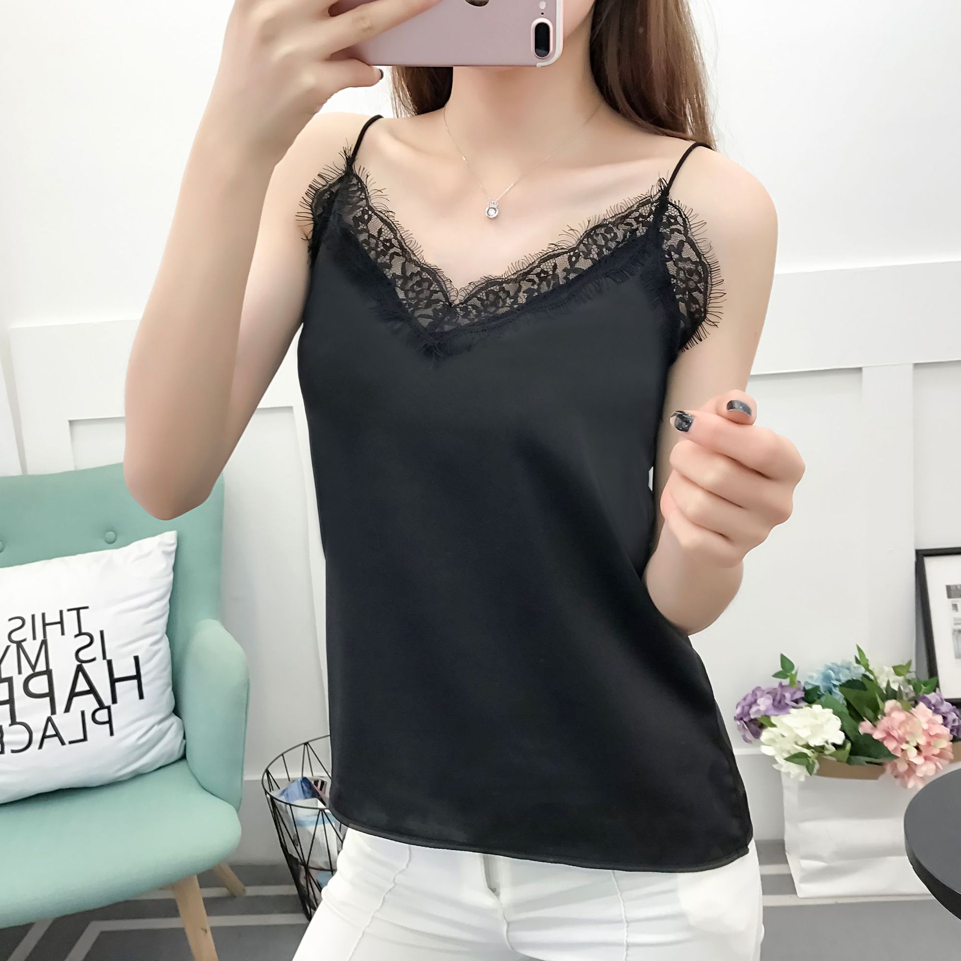 2020 Hong Kong Style Outerwear Camisole Women&#039;s Summer Sexy Slim-Fit Eyelashes Lace V-neck Chiffon Loose Base Shirt