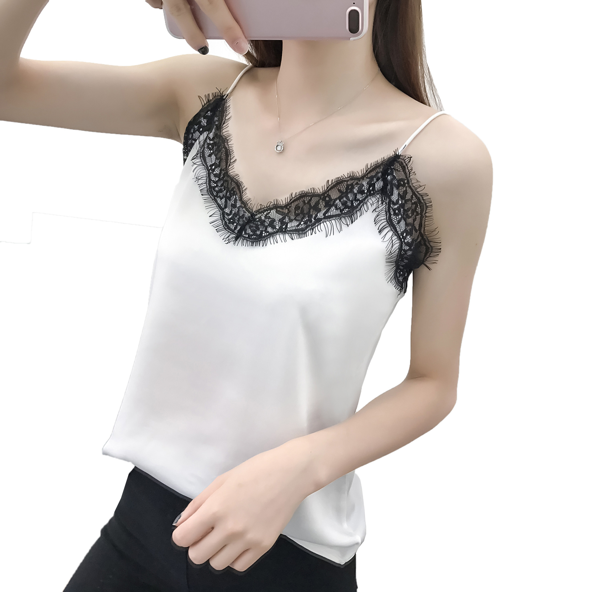 2020 Hong Kong Style Outerwear Camisole Women&#039;s Summer Sexy Slim-Fit Eyelashes Lace V-neck Chiffon Loose Base Shirt