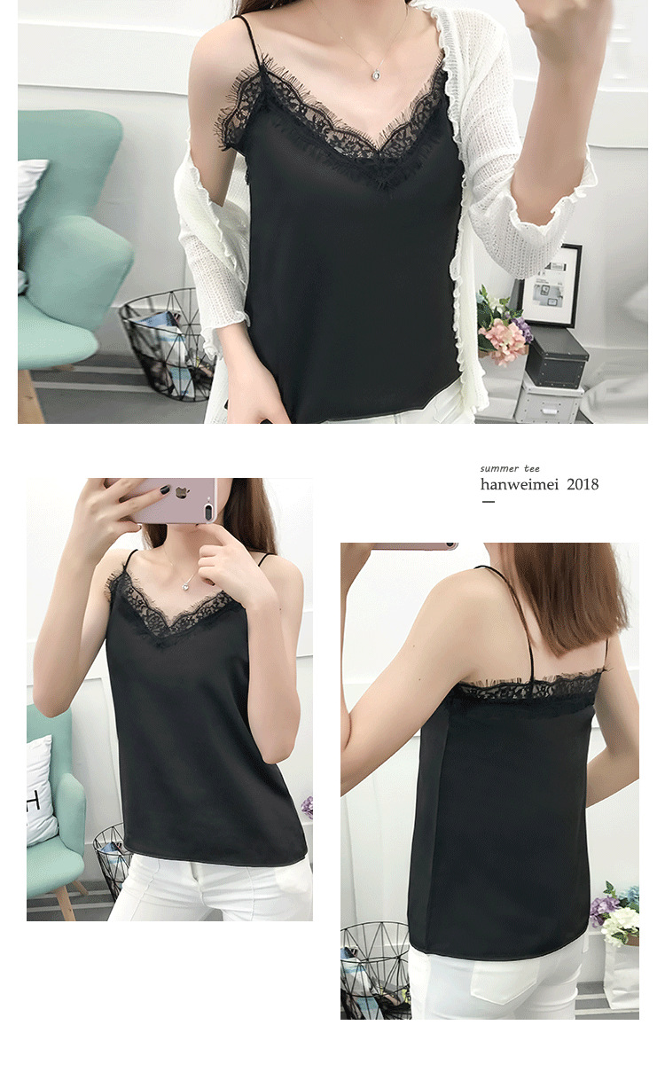 2020 Hong Kong Style Outerwear Camisole Women's Summer Sexy Slim-Fit Eyelashes Lace V-neck Chiffon Loose Base Shirt