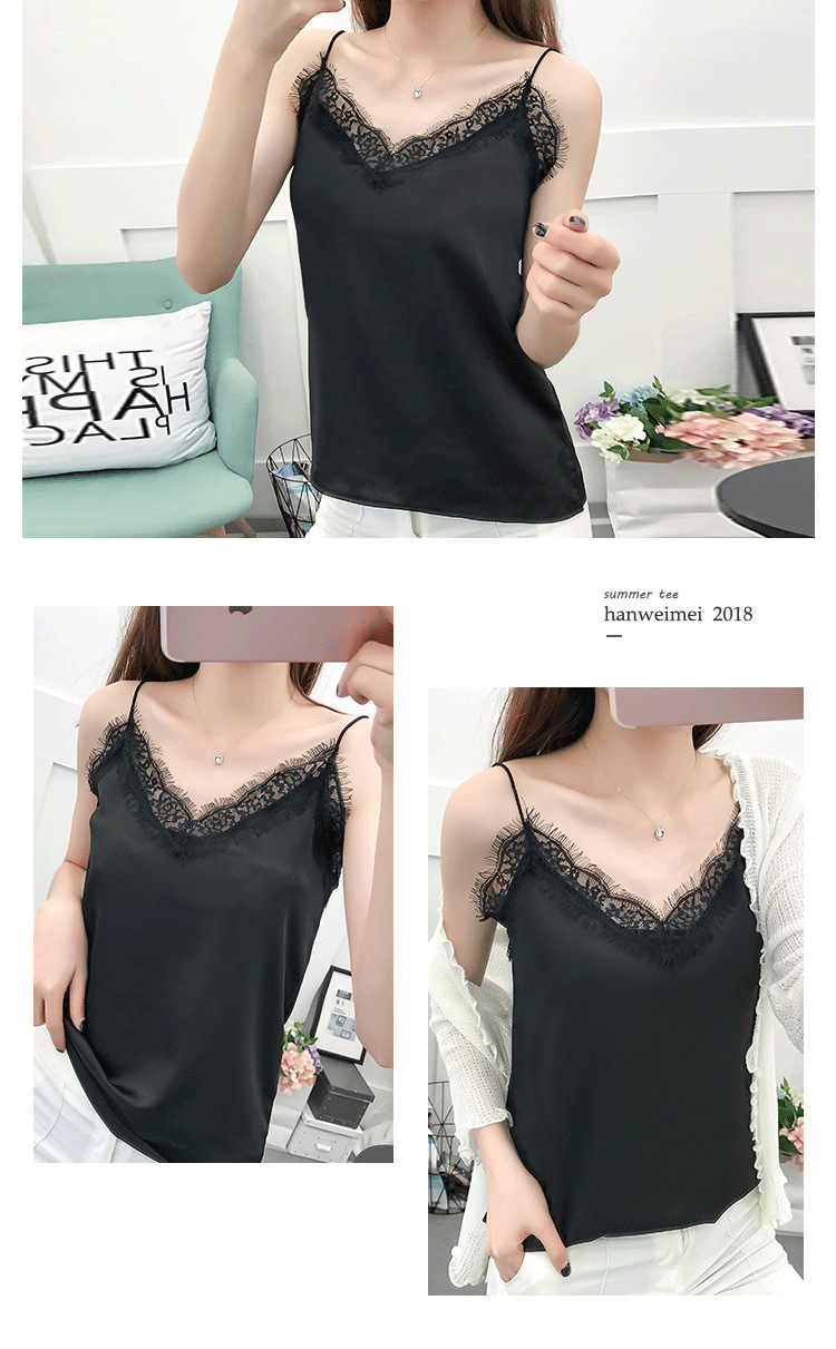 2020 Hong Kong Style Outerwear Camisole Women's Summer Sexy Slim-Fit Eyelashes Lace V-neck Chiffon Loose Base Shirt