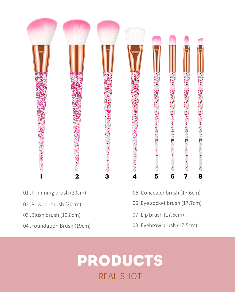 8 PCs Transparent Quicksand Spiral Handle Makeup Brush Set Beauty Tools Powder Foundation Brush Eye Shadow Brush Makeup