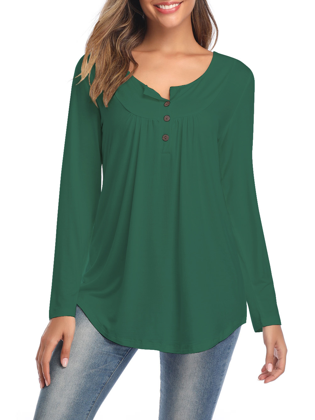 Amazon Popular 2019 Autumn New Large Size Dress V-neck Button Long-Sleeved Upper Garment Plain Pleated Loose T-shirt