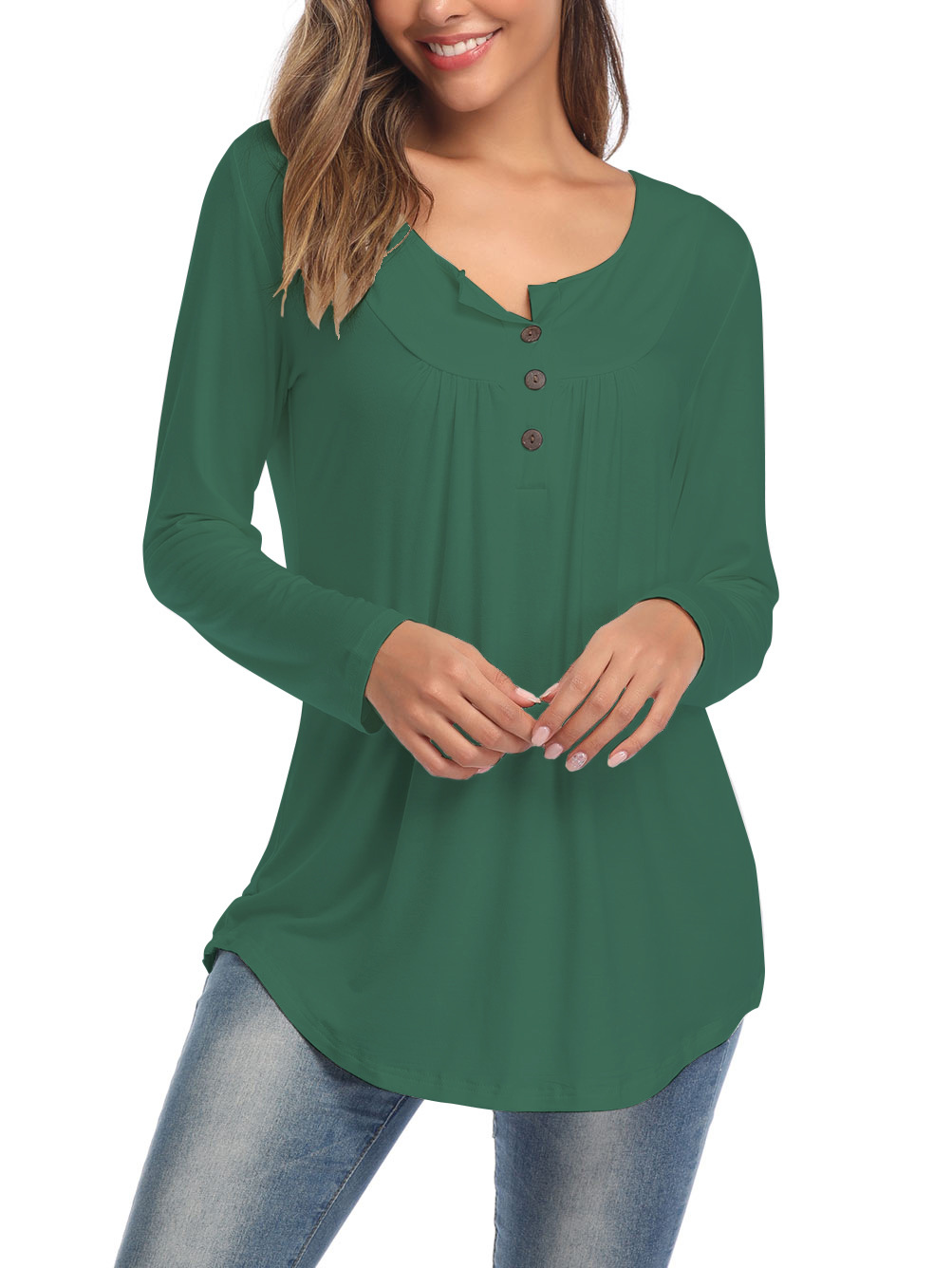 Amazon Popular 2019 Autumn New Large Size Dress V-neck Button Long-Sleeved Upper Garment Plain Pleated Loose T-shirt