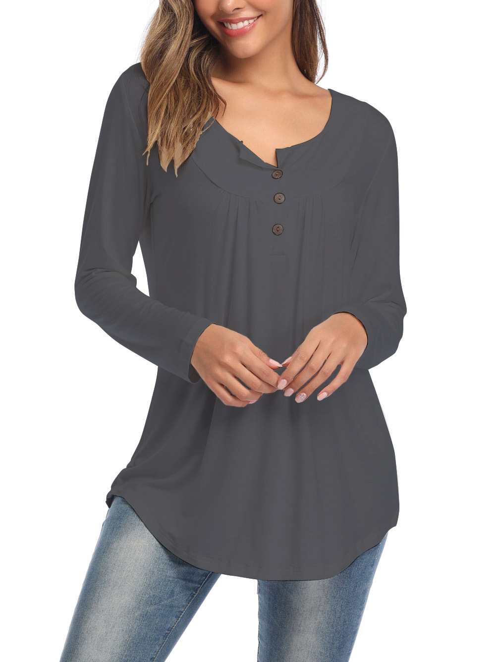Amazon Popular 2019 Autumn New Large Size Dress V-neck Button Long-Sleeved Upper Garment Plain Pleated Loose T-shirt