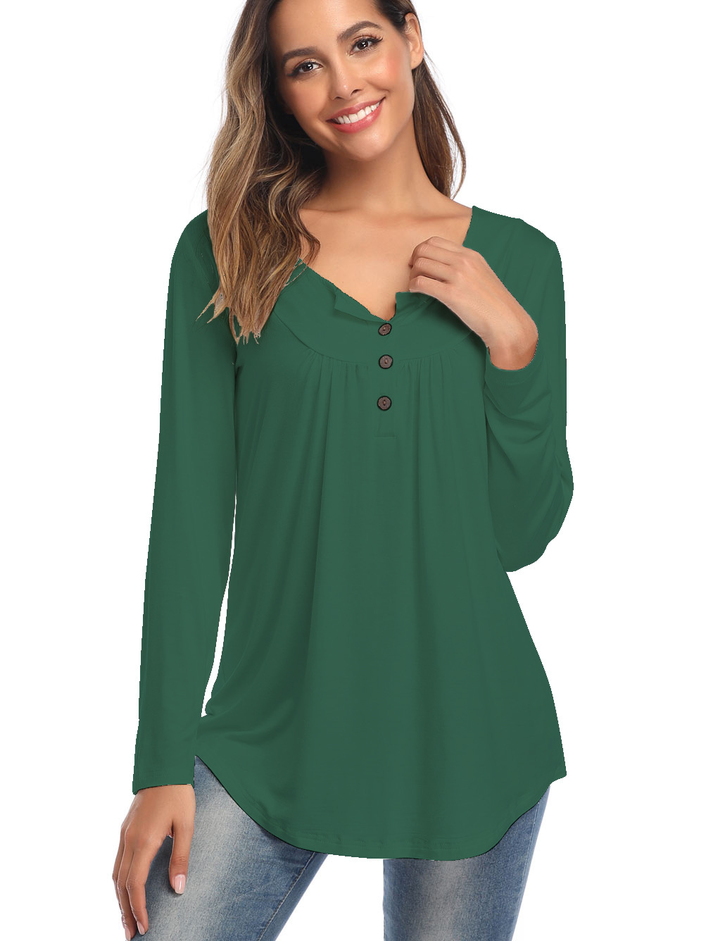 Amazon Popular 2019 Autumn New Large Size Dress V-neck Button Long-Sleeved Upper Garment Plain Pleated Loose T-shirt