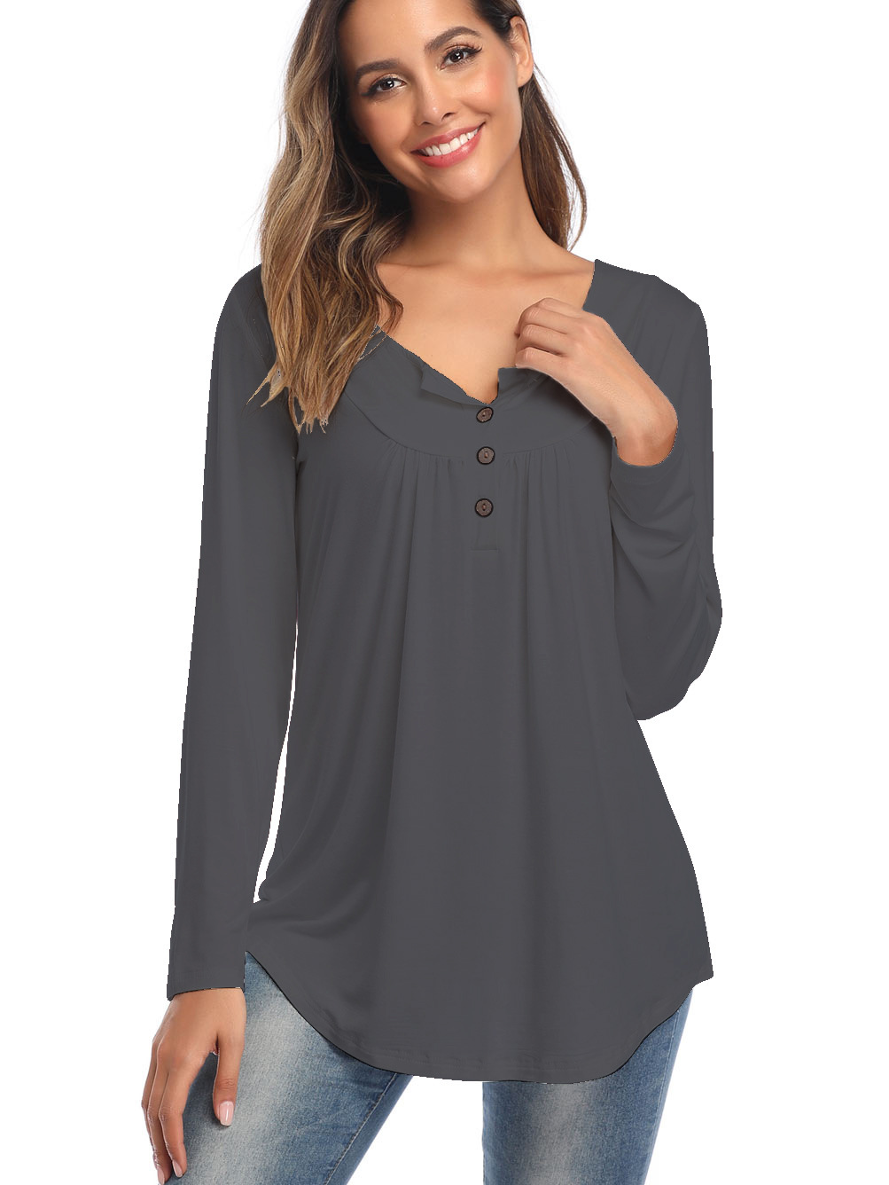 Amazon Popular 2019 Autumn New Large Size Dress V-neck Button Long-Sleeved Upper Garment Plain Pleated Loose T-shirt