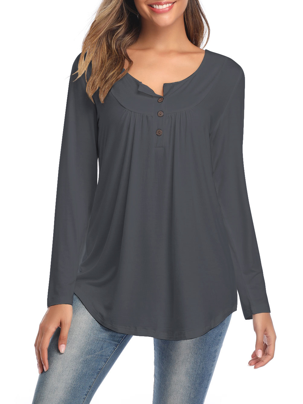 Amazon Popular 2019 Autumn New Large Size Dress V-neck Button Long-Sleeved Upper Garment Plain Pleated Loose T-shirt