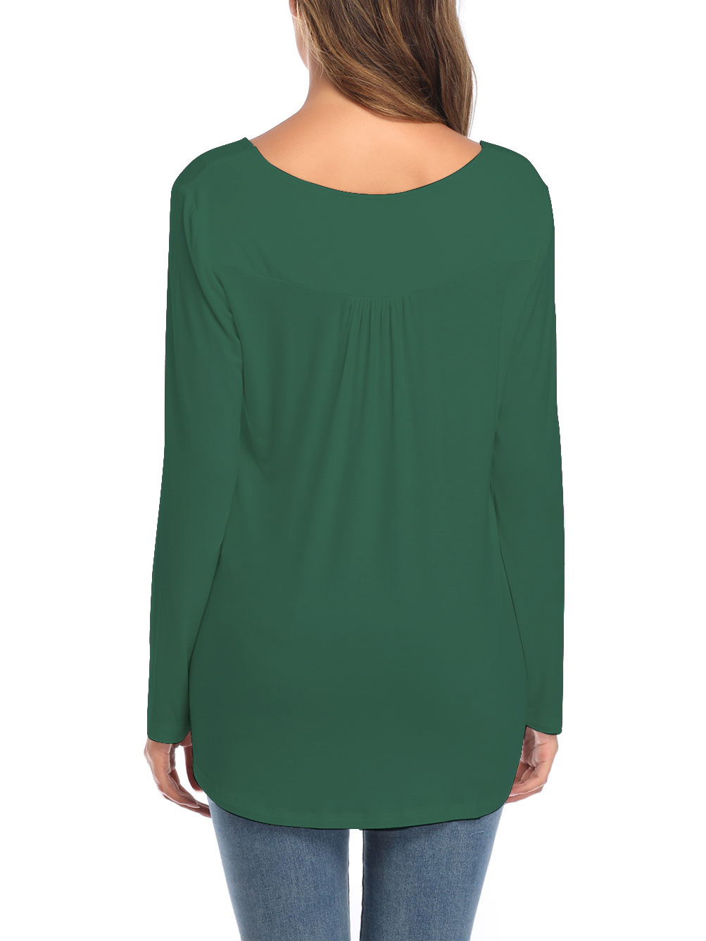Amazon Popular 2019 Autumn New Large Size Dress V-neck Button Long-Sleeved Upper Garment Plain Pleated Loose T-shirt