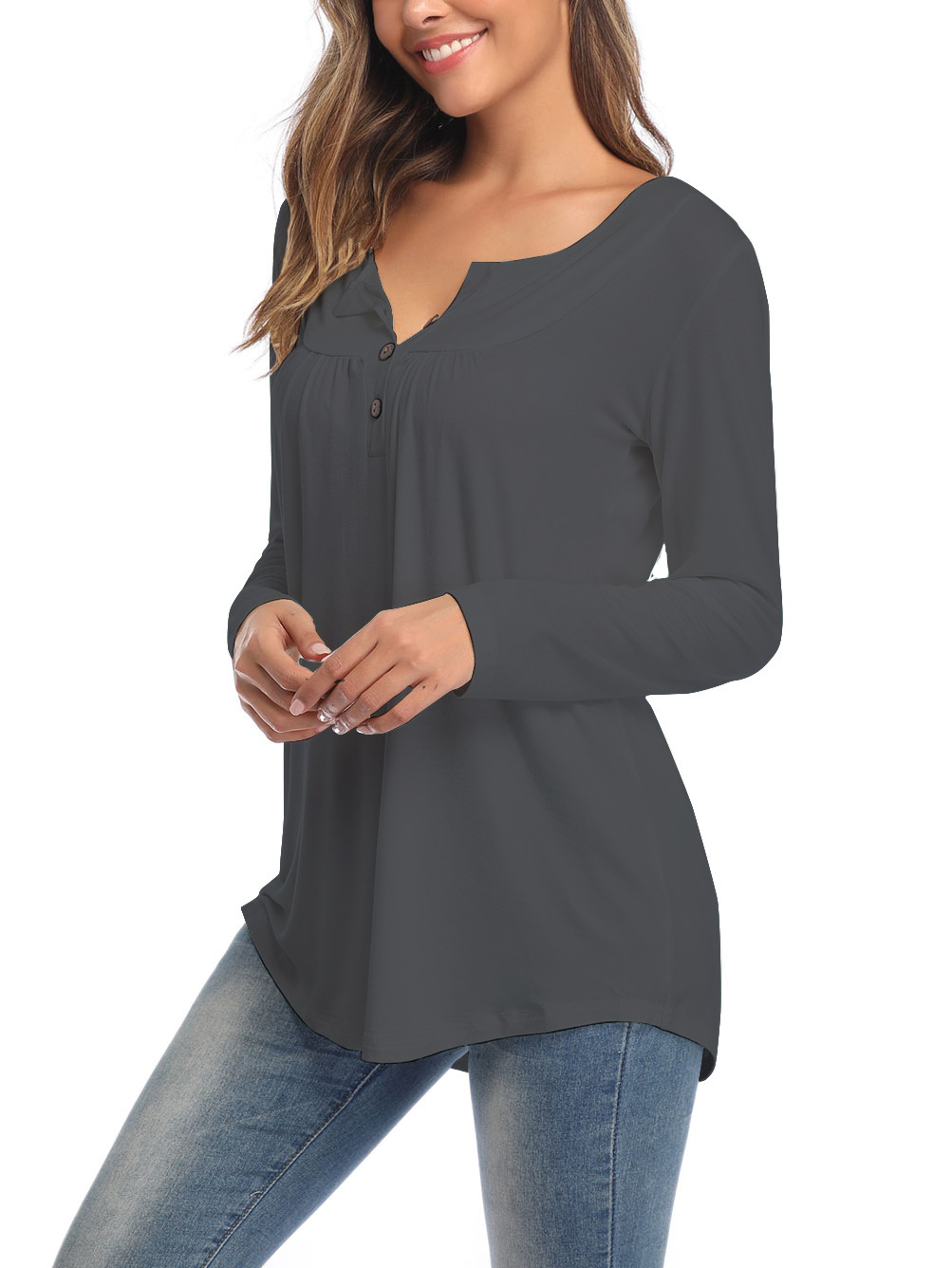 Amazon Popular 2019 Autumn New Large Size Dress V-neck Button Long-Sleeved Upper Garment Plain Pleated Loose T-shirt