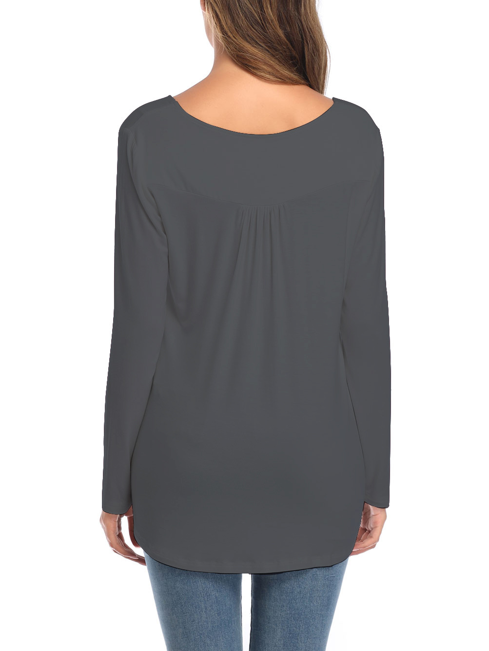 Amazon Popular 2019 Autumn New Large Size Dress V-neck Button Long-Sleeved Upper Garment Plain Pleated Loose T-shirt