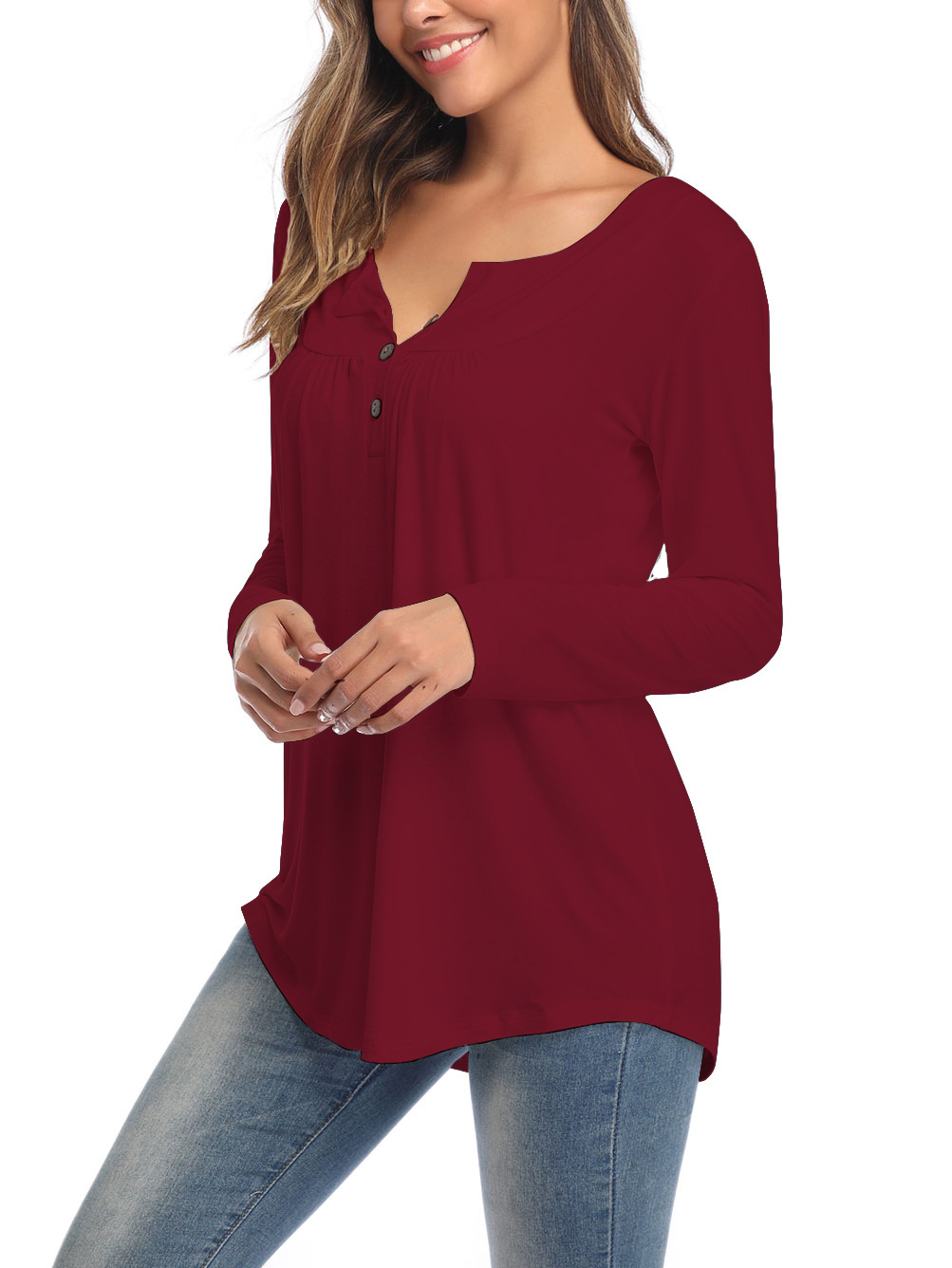 Amazon Popular 2019 Autumn New Large Size Dress V-neck Button Long-Sleeved Upper Garment Plain Pleated Loose T-shirt