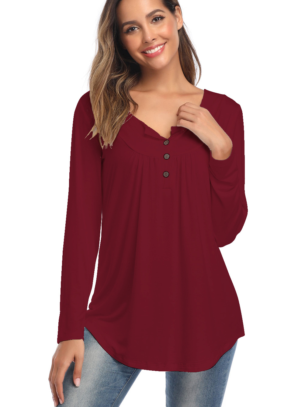 Amazon Popular 2019 Autumn New Large Size Dress V-neck Button Long-Sleeved Upper Garment Plain Pleated Loose T-shirt