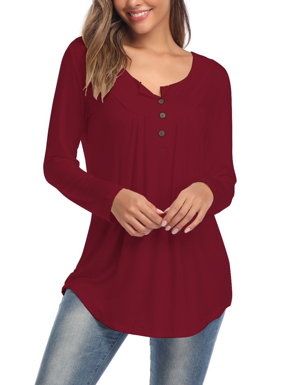 Amazon Popular 2019 Autumn New Large Size Dress V-neck Button Long-Sleeved Upper Garment Plain Pleated Loose T-shirt