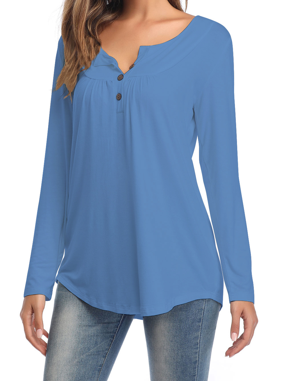 Amazon Popular 2019 Autumn New Large Size Dress V-neck Button Long-Sleeved Upper Garment Plain Pleated Loose T-shirt