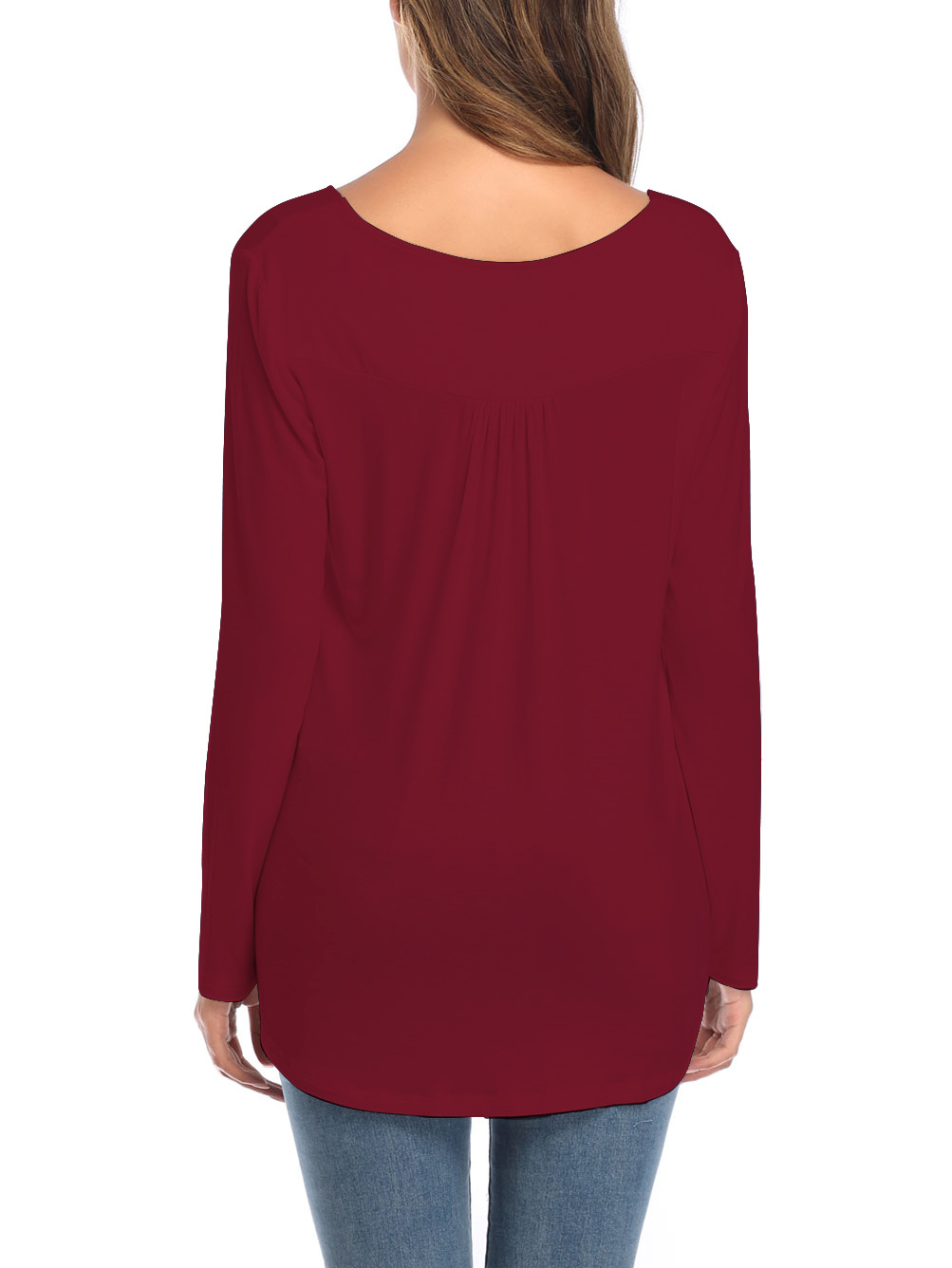 Amazon Popular 2019 Autumn New Large Size Dress V-neck Button Long-Sleeved Upper Garment Plain Pleated Loose T-shirt