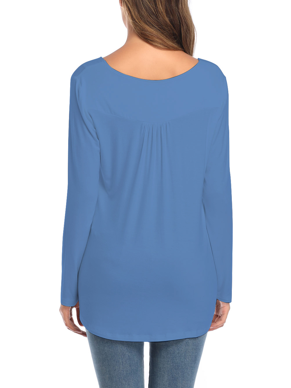 Amazon Popular 2019 Autumn New Large Size Dress V-neck Button Long-Sleeved Upper Garment Plain Pleated Loose T-shirt