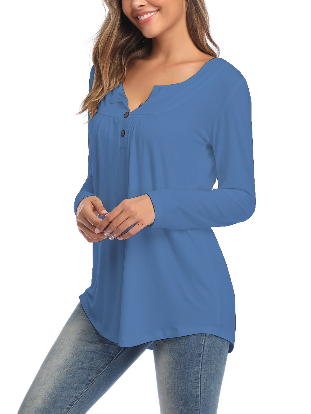 Amazon Popular 2019 Autumn New Large Size Dress V-neck Button Long-Sleeved Upper Garment Plain Pleated Loose T-shirt