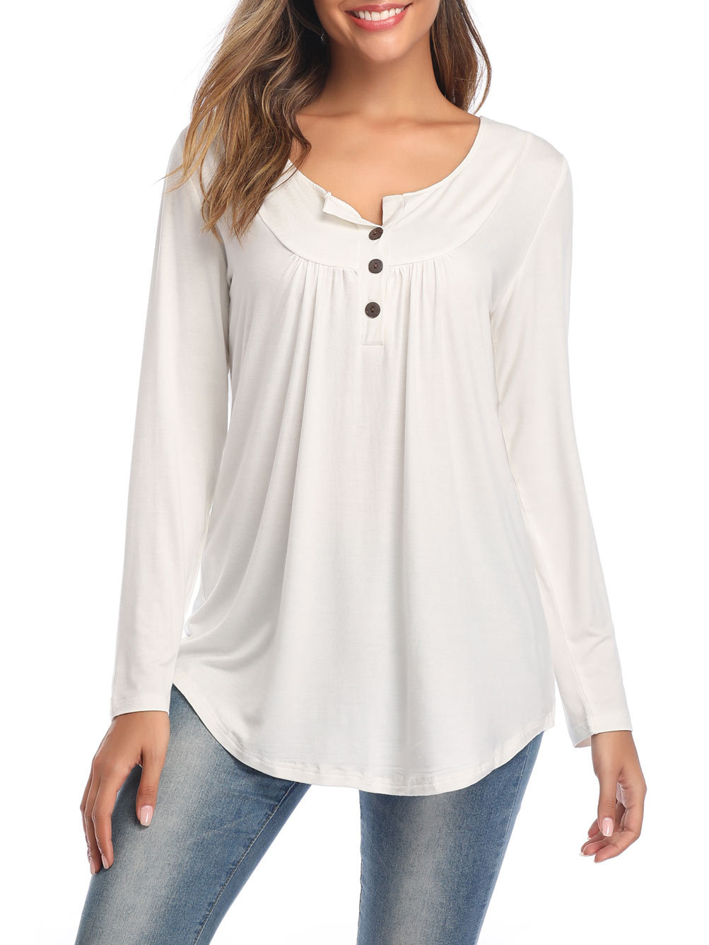 Amazon Popular 2019 Autumn New Large Size Dress V-neck Button Long-Sleeved Upper Garment Plain Pleated Loose T-shirt