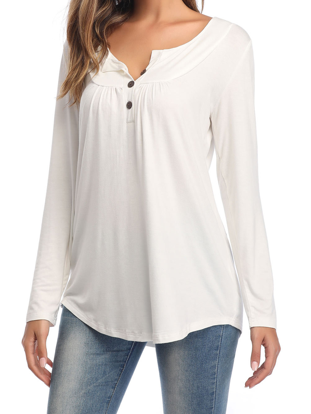 Amazon Popular 2019 Autumn New Large Size Dress V-neck Button Long-Sleeved Upper Garment Plain Pleated Loose T-shirt