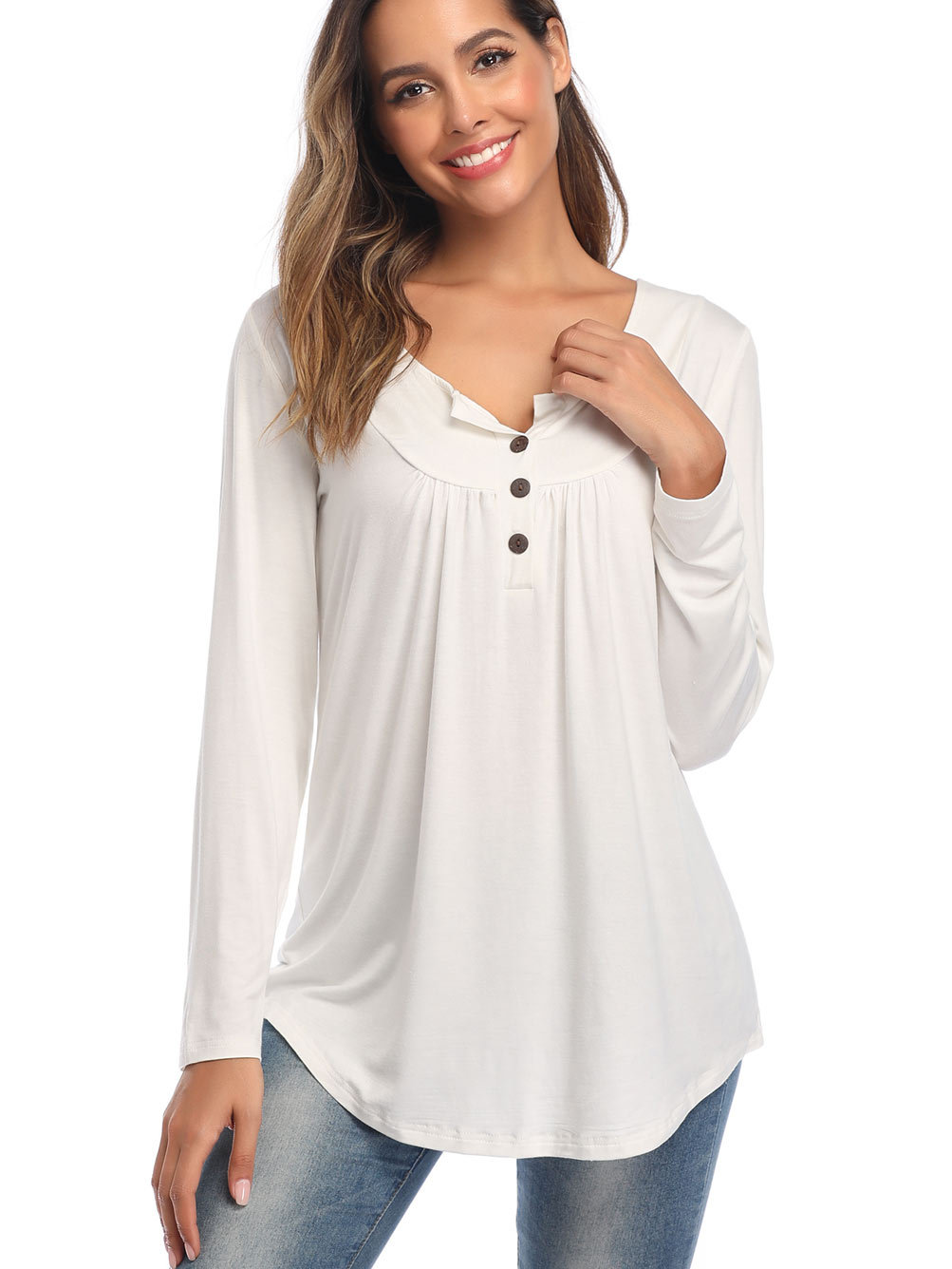 Amazon Popular 2019 Autumn New Large Size Dress V-neck Button Long-Sleeved Upper Garment Plain Pleated Loose T-shirt