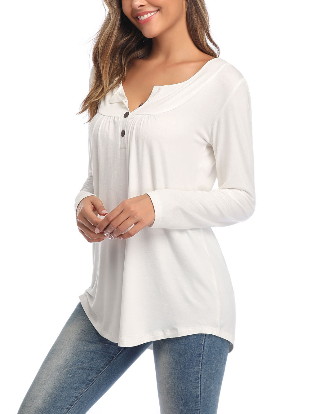 Amazon Popular 2019 Autumn New Large Size Dress V-neck Button Long-Sleeved Upper Garment Plain Pleated Loose T-shirt