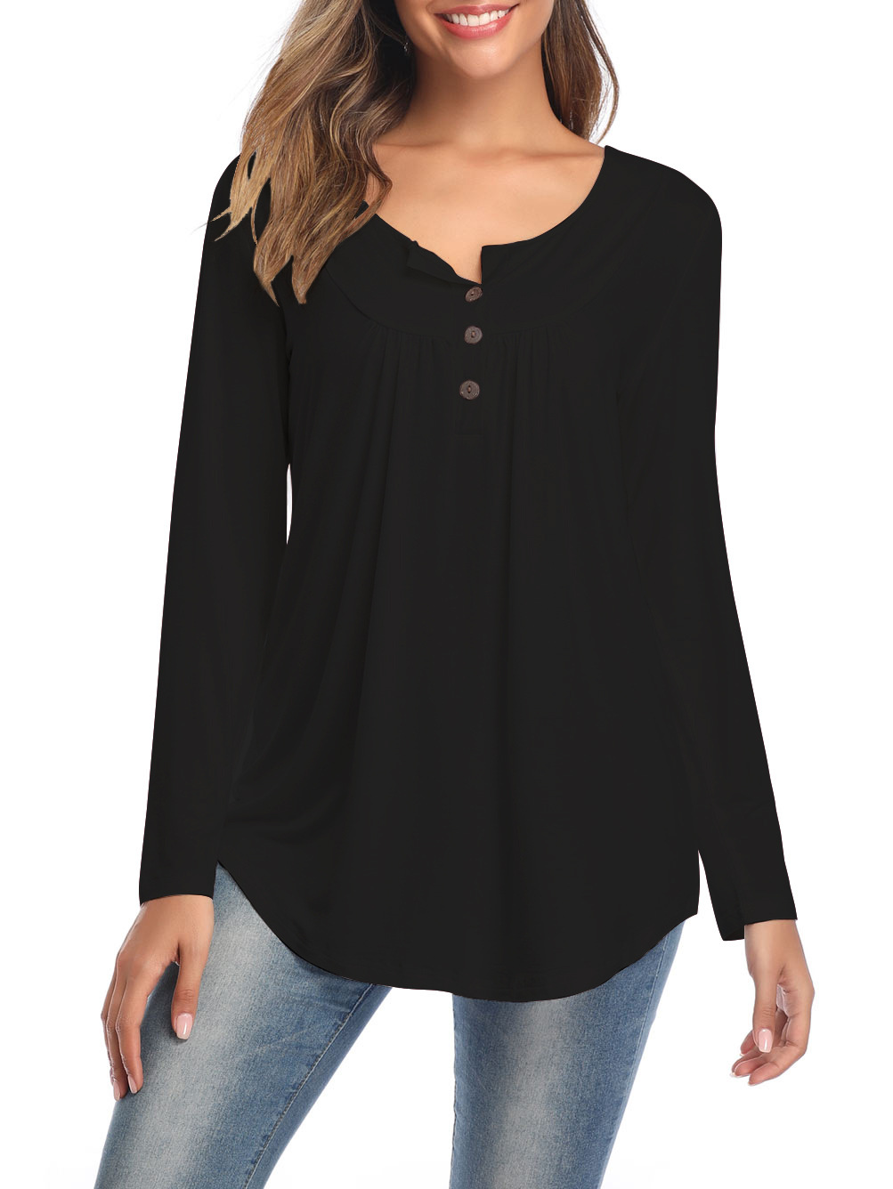 Amazon Popular 2019 Autumn New Large Size Dress V-neck Button Long-Sleeved Upper Garment Plain Pleated Loose T-shirt