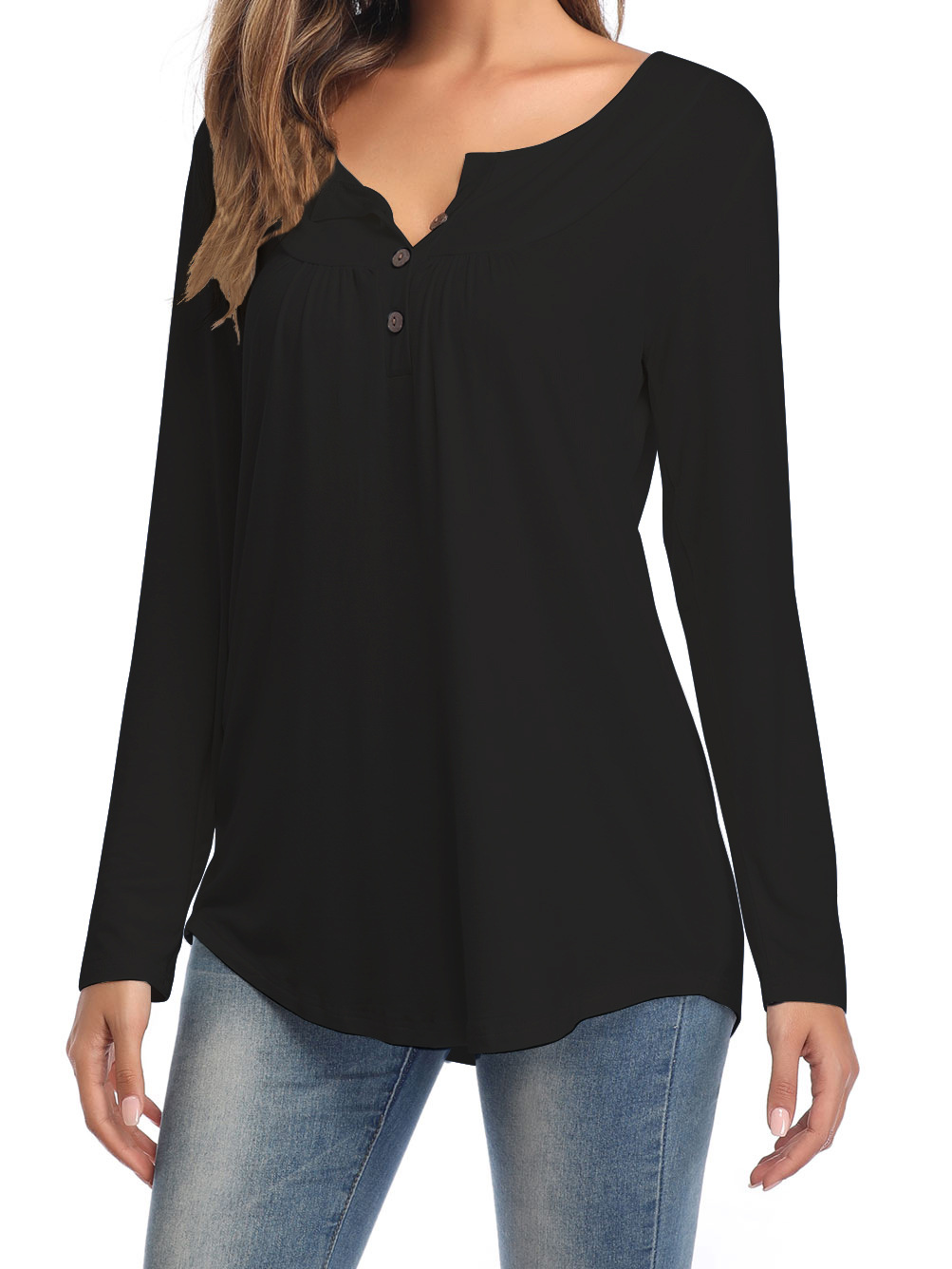 Amazon Popular 2019 Autumn New Large Size Dress V-neck Button Long-Sleeved Upper Garment Plain Pleated Loose T-shirt