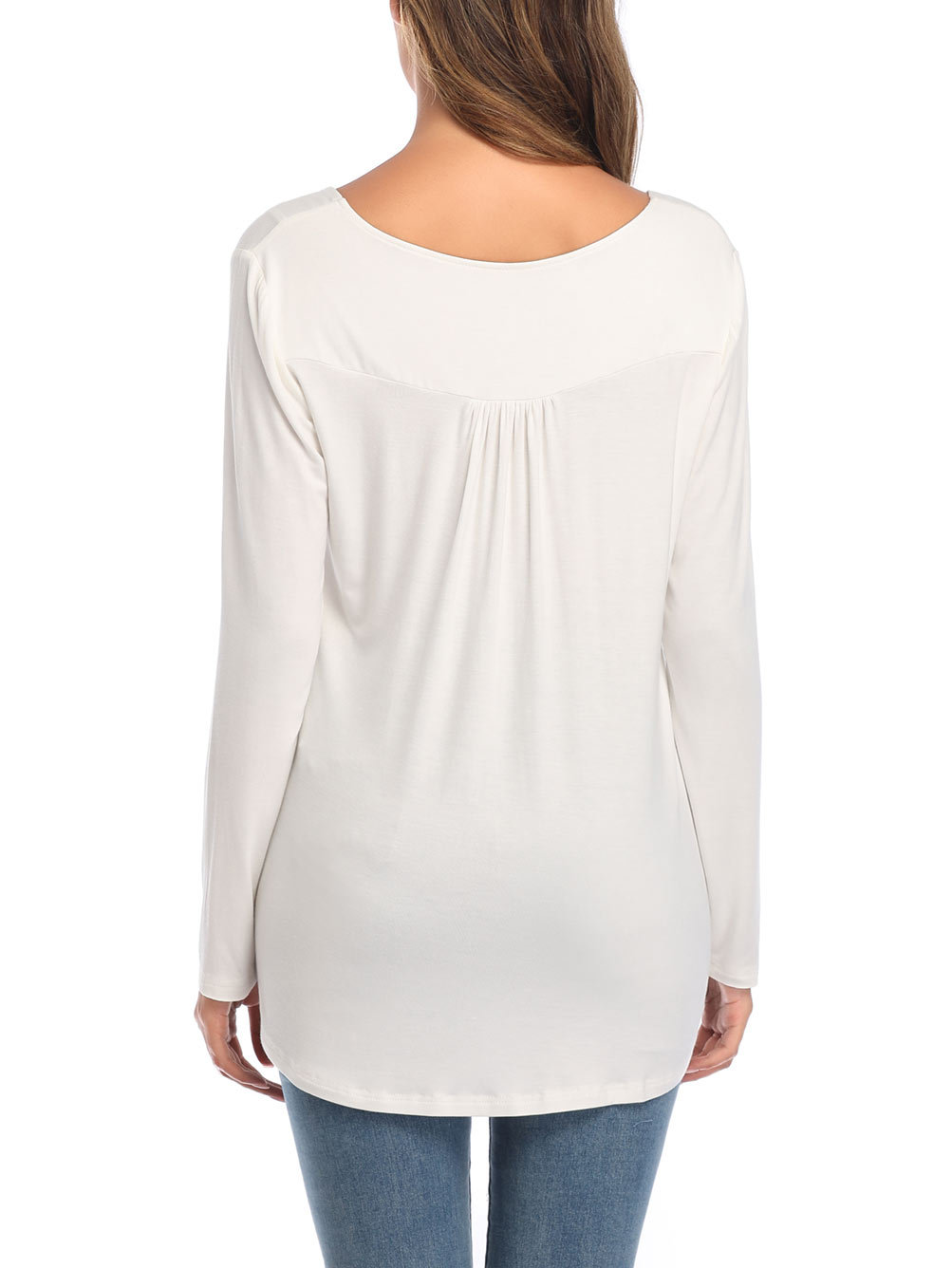 Amazon Popular 2019 Autumn New Large Size Dress V-neck Button Long-Sleeved Upper Garment Plain Pleated Loose T-shirt