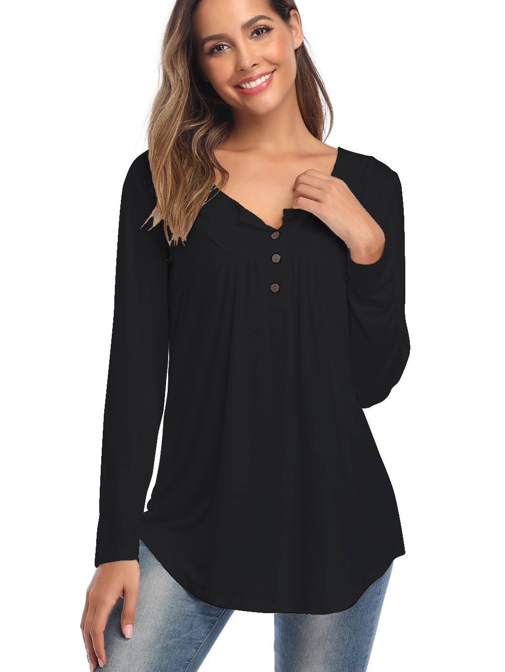 Amazon Popular 2019 Autumn New Large Size Dress V-neck Button Long-Sleeved Upper Garment Plain Pleated Loose T-shirt