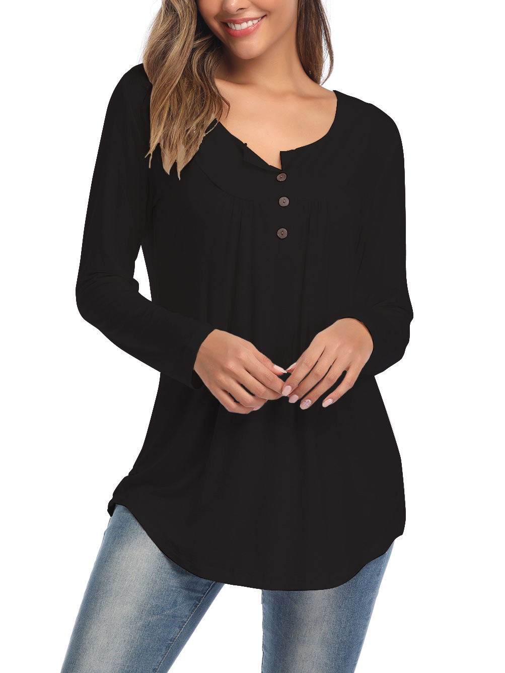 Amazon Popular 2019 Autumn New Large Size Dress V-neck Button Long-Sleeved Upper Garment Plain Pleated Loose T-shirt