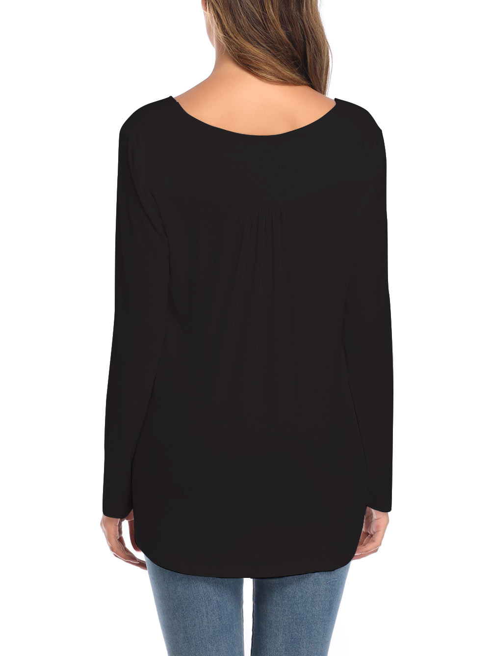 Amazon Popular 2019 Autumn New Large Size Dress V-neck Button Long-Sleeved Upper Garment Plain Pleated Loose T-shirt
