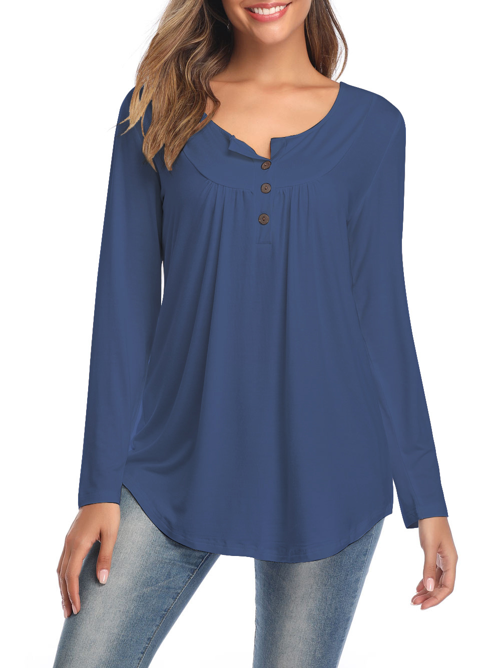 Amazon Popular 2019 Autumn New Large Size Dress V-neck Button Long-Sleeved Upper Garment Plain Pleated Loose T-shirt