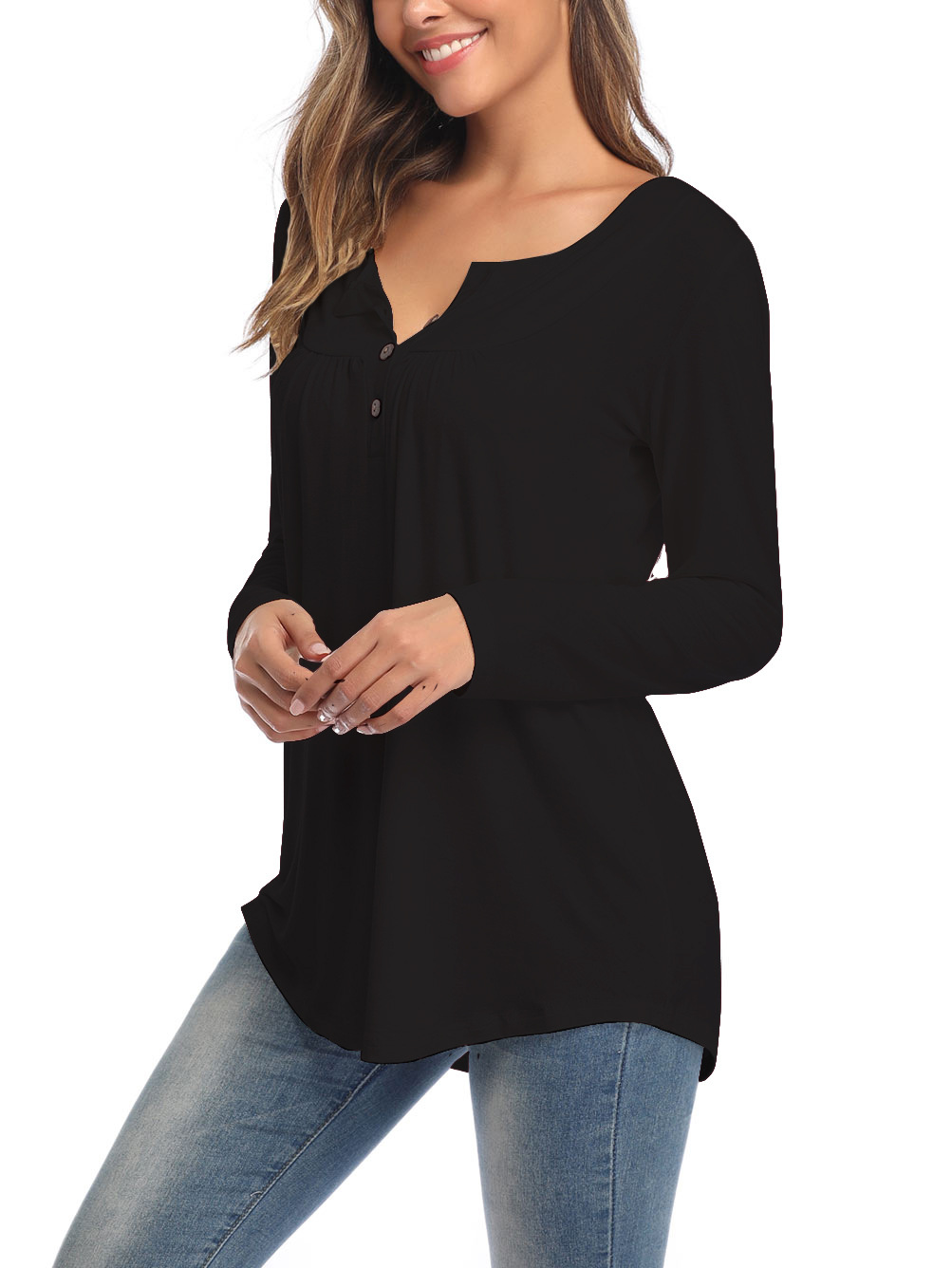 Amazon Popular 2019 Autumn New Large Size Dress V-neck Button Long-Sleeved Upper Garment Plain Pleated Loose T-shirt