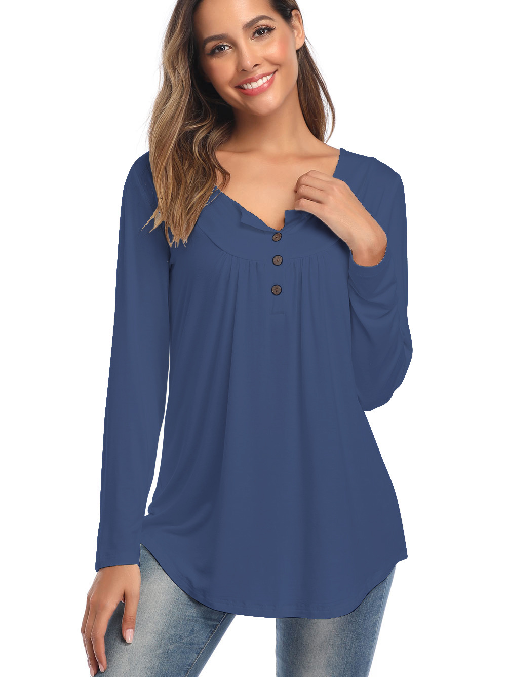 Amazon Popular 2019 Autumn New Large Size Dress V-neck Button Long-Sleeved Upper Garment Plain Pleated Loose T-shirt