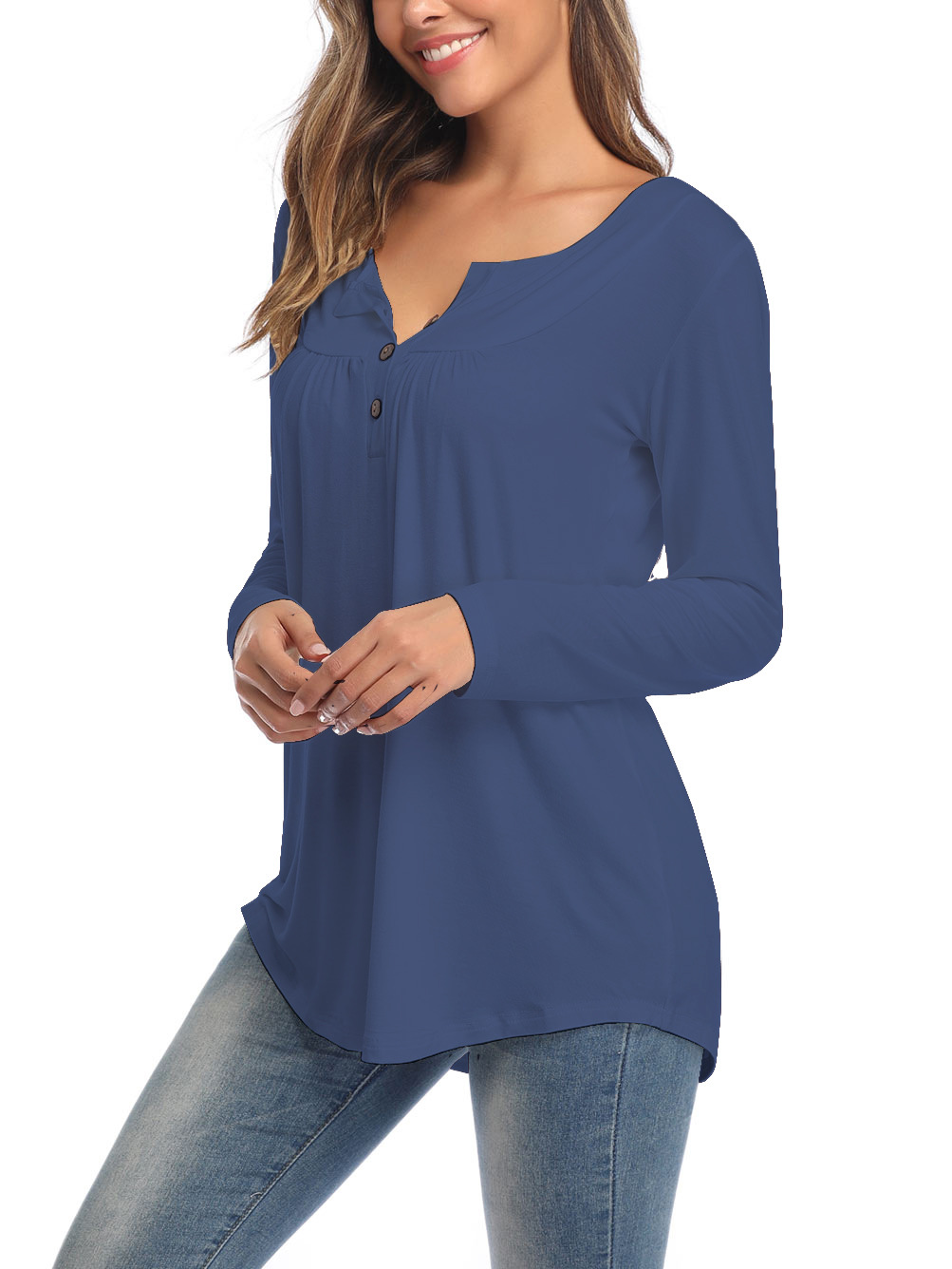 Amazon Popular 2019 Autumn New Large Size Dress V-neck Button Long-Sleeved Upper Garment Plain Pleated Loose T-shirt