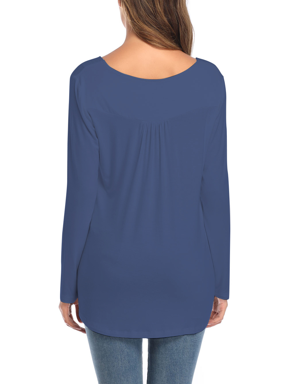 Amazon Popular 2019 Autumn New Large Size Dress V-neck Button Long-Sleeved Upper Garment Plain Pleated Loose T-shirt
