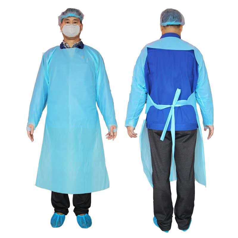 CPE gown laboratory isolation garment with thumb button sleeve as plastic and oil proof
