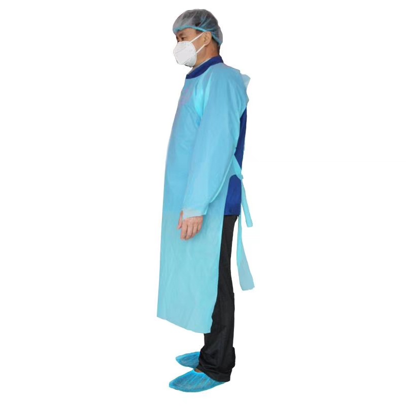 CPE gown laboratory isolation garment with thumb button sleeve as plastic and oil proof