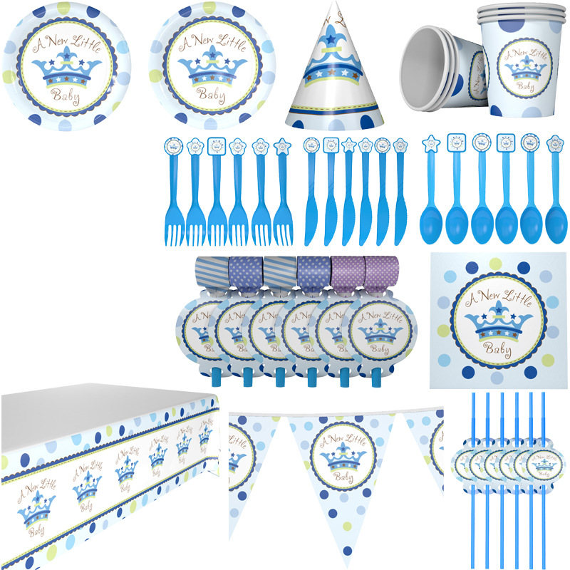 Crown Blue Theme Party Decoration Supplies Disposable Knife Fork Spoon Tablecloth Paper Cup Birthday Party Set Wholesale