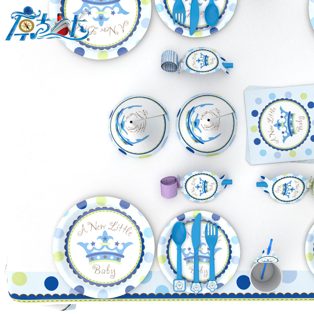 Crown Blue Theme Party Decoration Supplies Disposable Knife Fork Spoon Tablecloth Paper Cup Birthday Party Set Wholesale