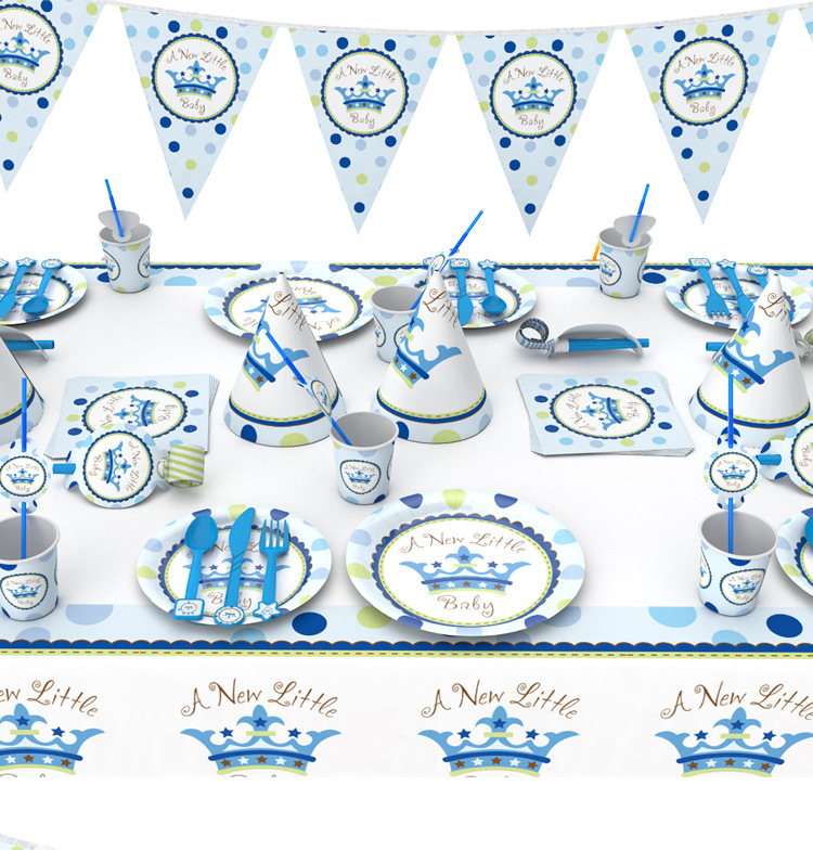 Crown Blue Theme Party Decoration Supplies Disposable Knife Fork Spoon Tablecloth Paper Cup Birthday Party Set Wholesale