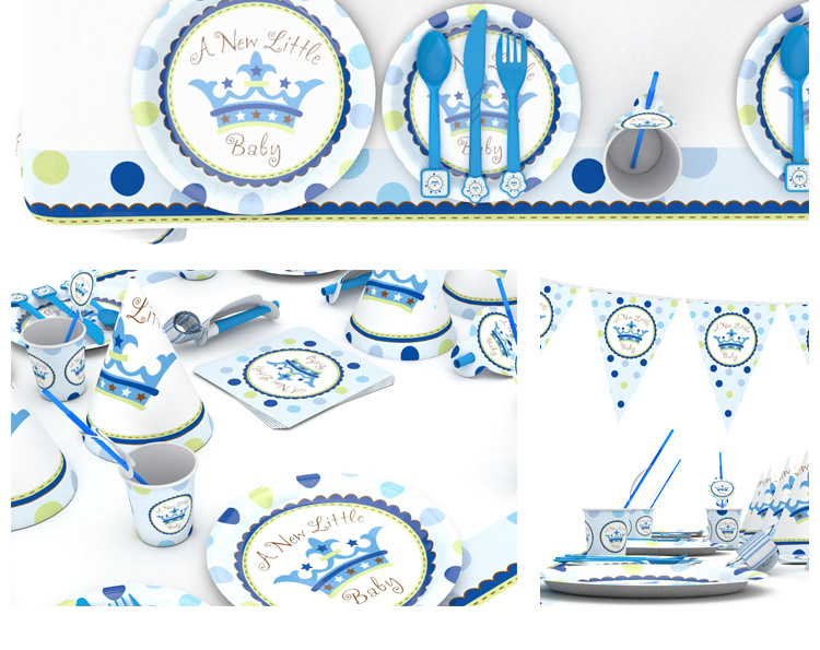 Crown Blue Theme Party Decoration Supplies Disposable Knife Fork Spoon Tablecloth Paper Cup Birthday Party Set Wholesale