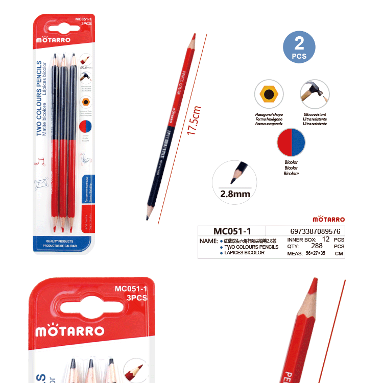 Red and Blue Double-Headed Six Angle Rod Sharpened Pencil 2.8 Core (Multicolor Refill)