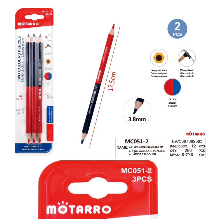 Red and Blue Double-Headed Six Angle Rod Sharpened Pencil 3.8 Core (MC051-2) Mottarro