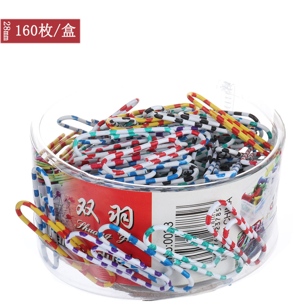 Yiwu factory direct sale zebra-print color plastic 28mm paper clip round box packaging 160 paper clip bookmark