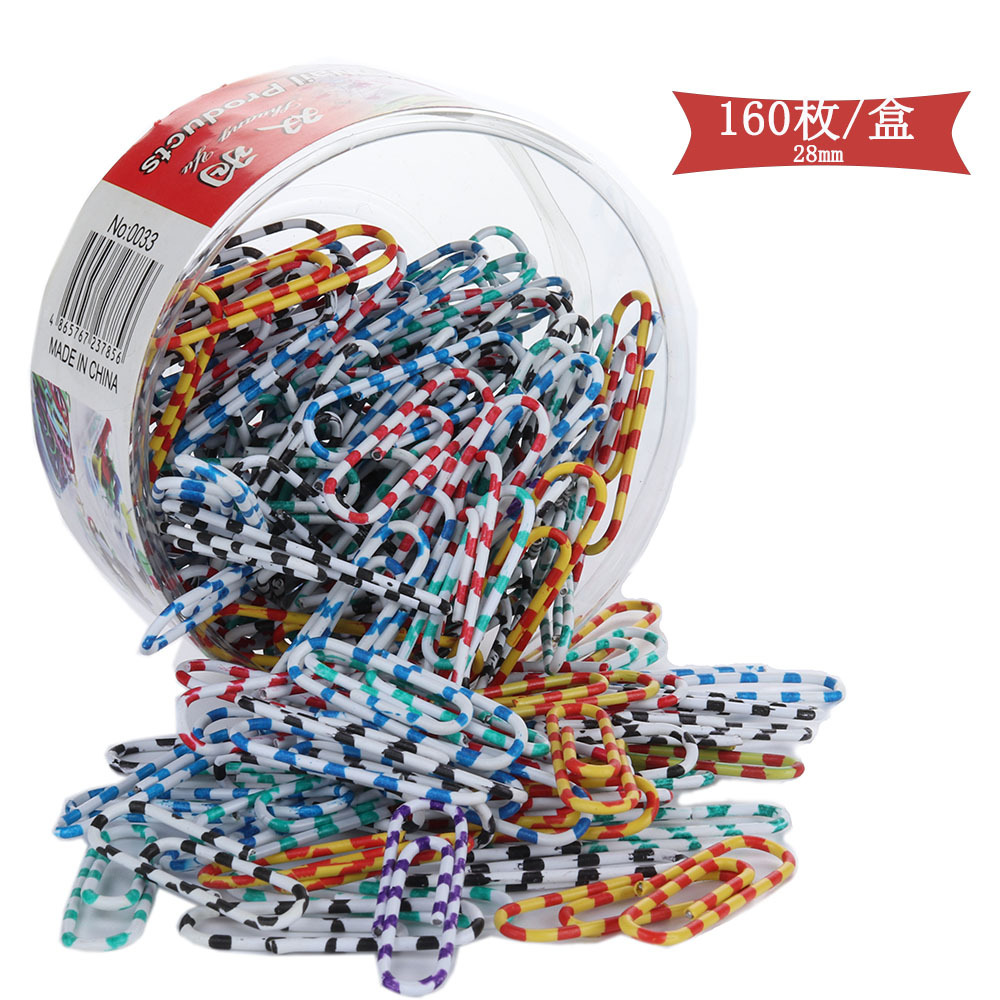 Yiwu factory direct sale zebra-print color plastic 28mm paper clip round box packaging 160 paper clip bookmark