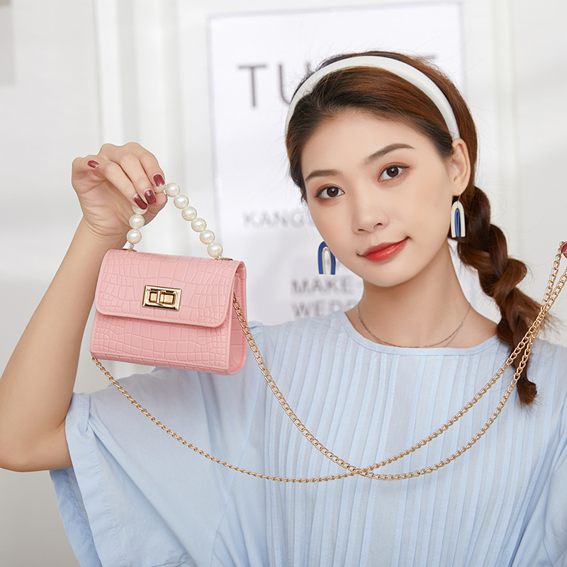 Women&#039;s Bag 2021 New Mini Crocodile Pattern Lock Pearl Handle Gel Bag Fresh Lipstick Pack Foreign Trade