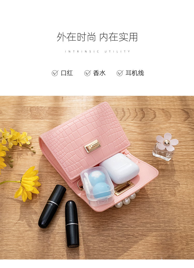 Women's Bag 2021 New Mini Crocodile Pattern Lock Pearl Handle Gel Bag Fresh Lipstick Pack Foreign Trade
