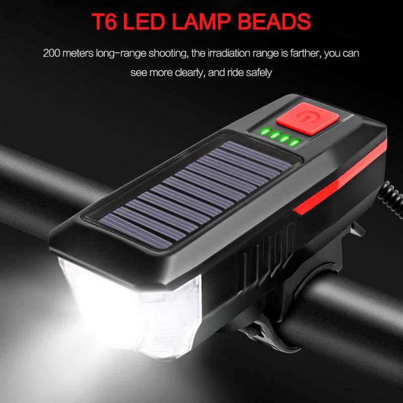 Bicycle Solar Headlight Horn Light Night Outdoor Riding USB Rechargeable Headlight Bicycle Strong Light Flashlight Equipment