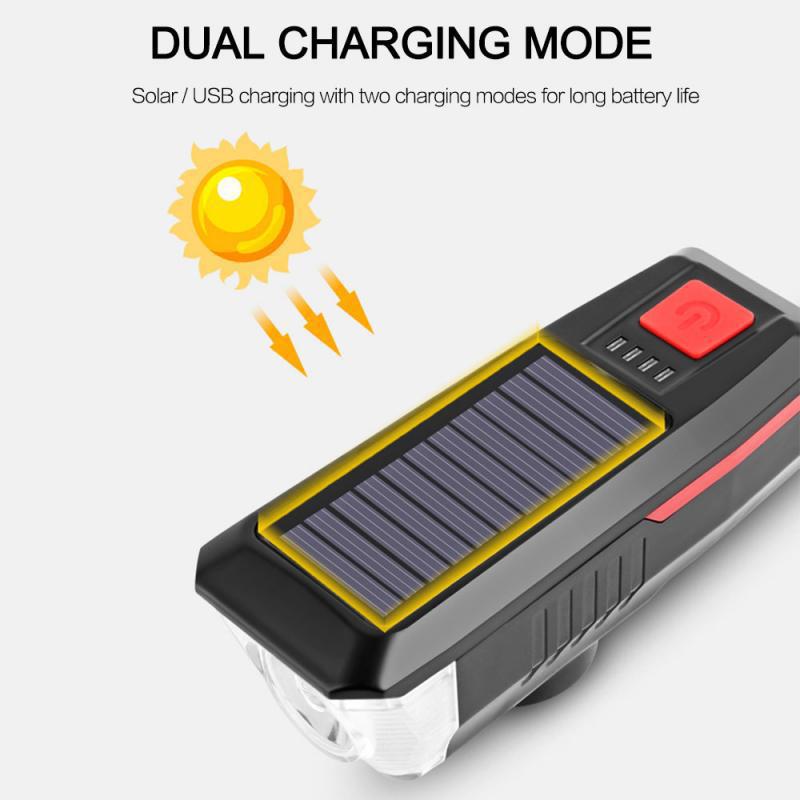 Bicycle Solar Headlight Horn Light Night Outdoor Riding USB Rechargeable Headlight Bicycle Strong Light Flashlight Equipment